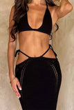 Sexy Vacation Solid Backless Strap Design Halter Sleeveless Two Pieces