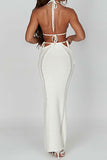 Sexy Vacation Solid Backless Strap Design Halter Sleeveless Two Pieces