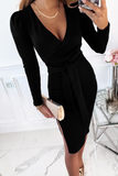 Fashion Elegant Solid Slit With Belt V Neck Wrapped Skirt Dresses(3 Colors)