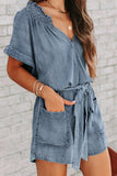 Street Solid Make Old V Neck Short Sleeve High Waist Loose Denim Jumpsuits