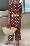 Casual Polka Dot Patchwork O Neck Short Sleeve Two Pieces(5 Colors)