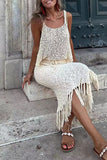 Sexy Solid Tassel Hollowed Out U Neck Sleeveless Two Pieces(3 Colors)