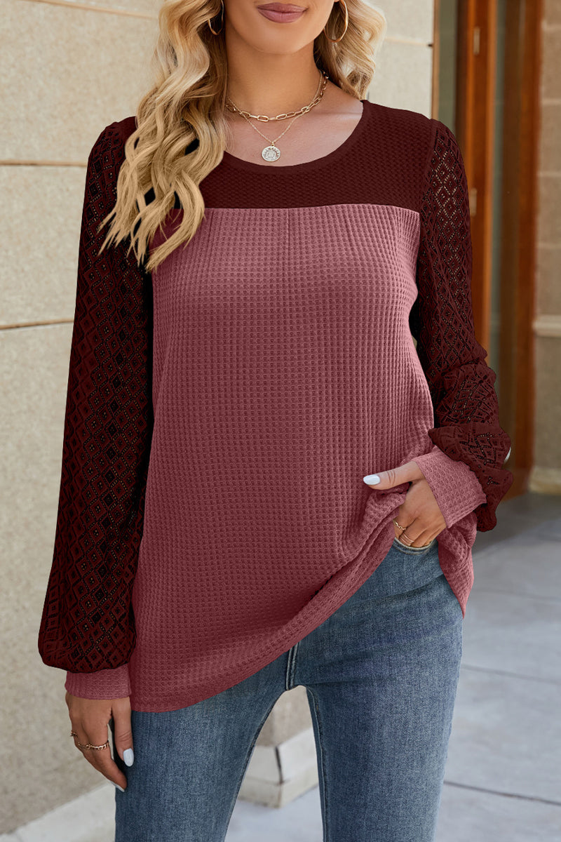 Casual Color Block Lace Hollowed Out Contrast O Neck Tops(5 Colors)