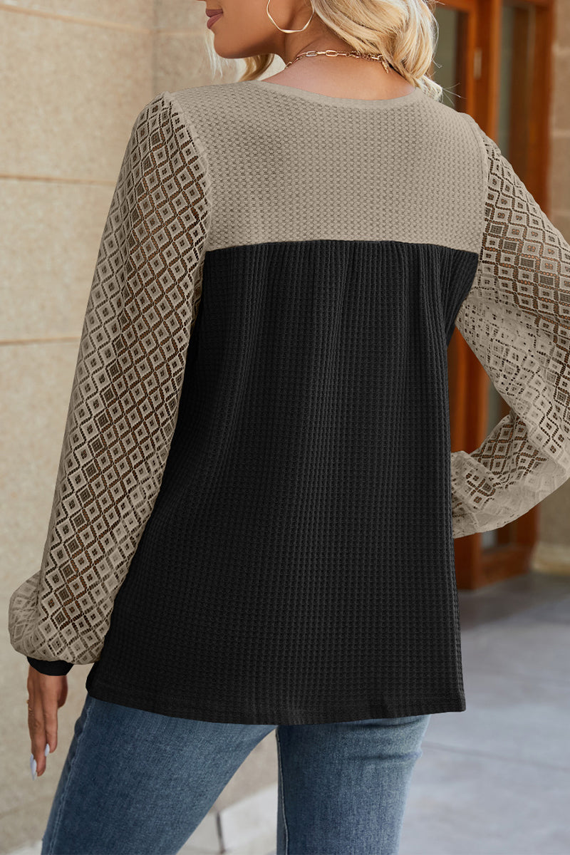 Casual Color Block Lace Hollowed Out Contrast O Neck Tops(5 Colors)