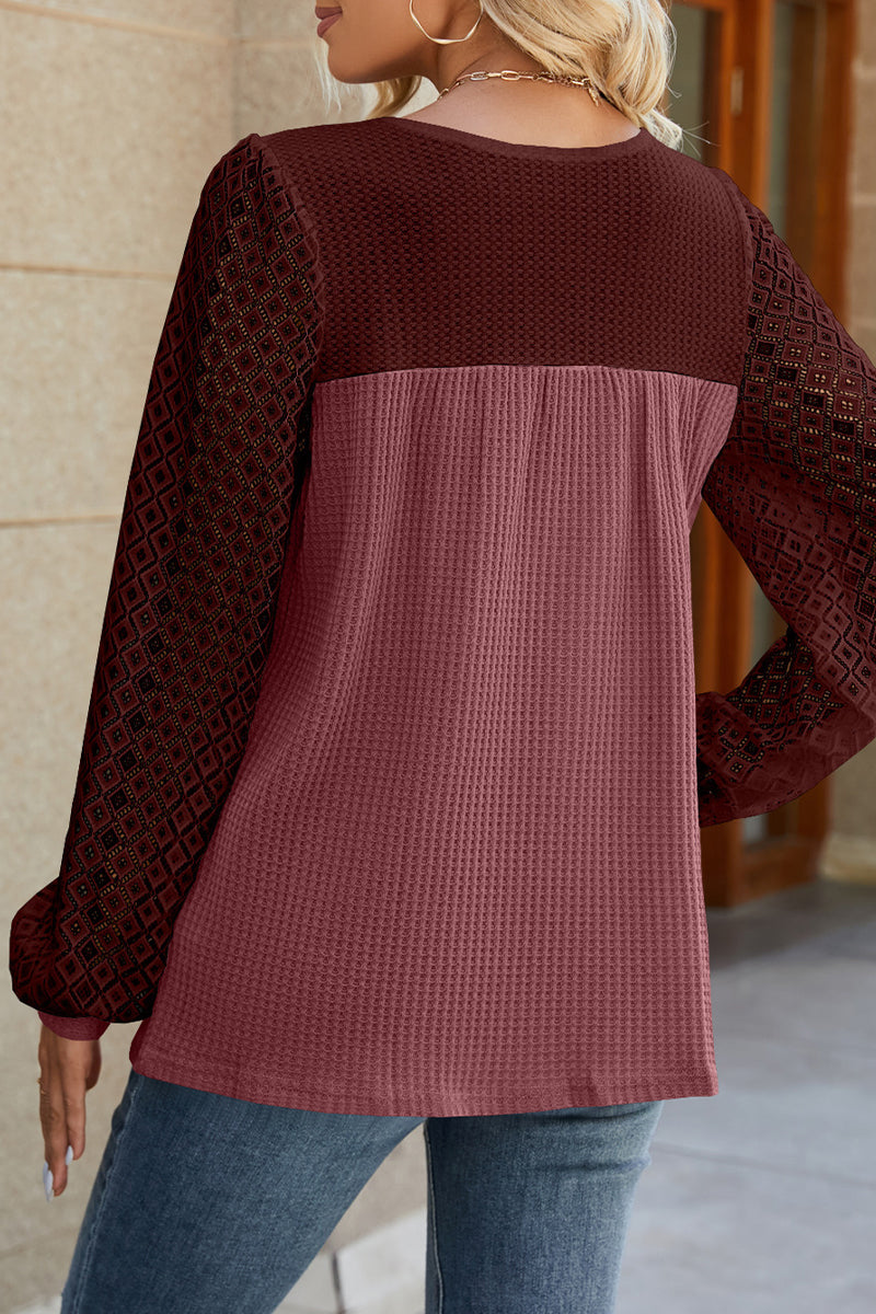Casual Color Block Lace Hollowed Out Contrast O Neck Tops(5 Colors)
