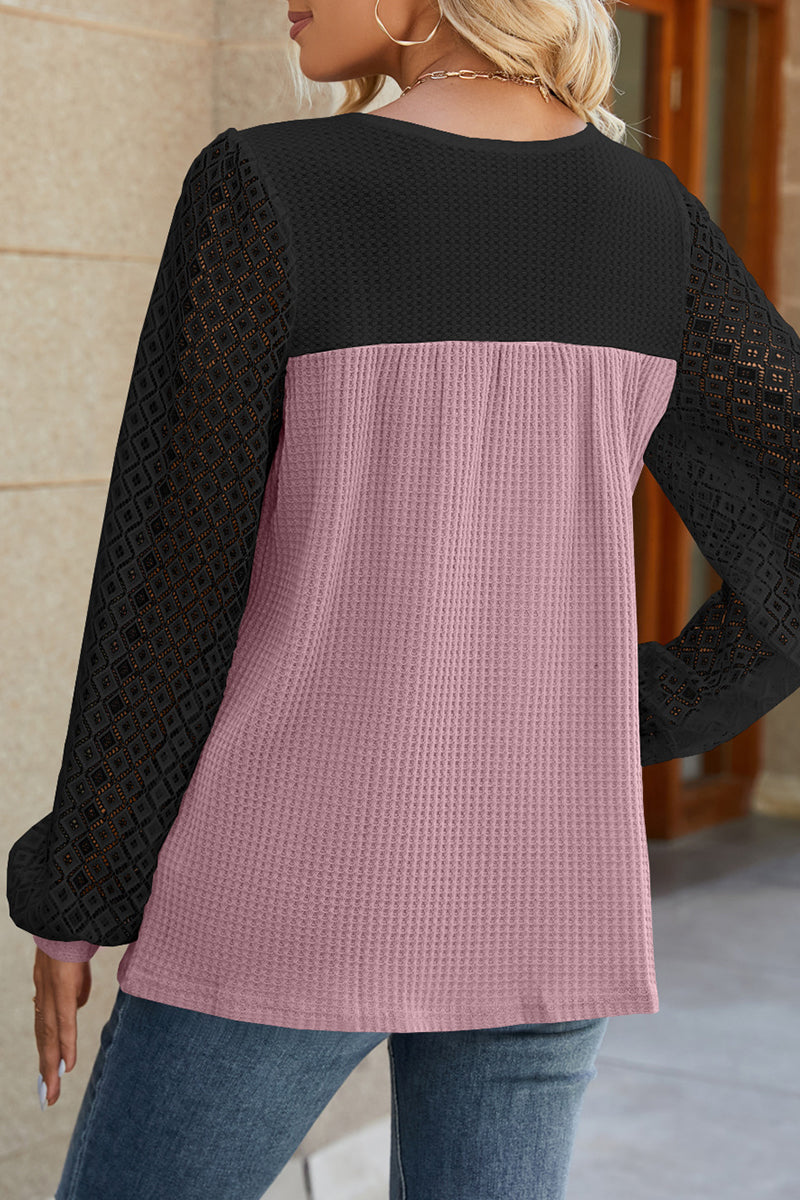 Casual Color Block Lace Hollowed Out Contrast O Neck Tops(5 Colors)