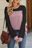 Casual Color Block Lace Hollowed Out Contrast O Neck Tops(5 Colors)