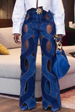 Street Solid Hollowed Out High Waist Straight Denim Jeans