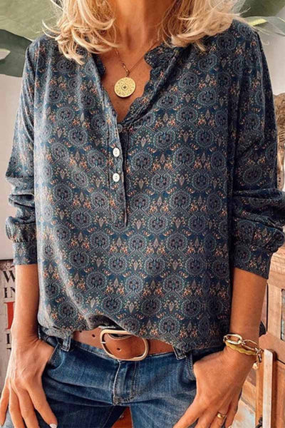 Florcoo Vintage V-Neck Button Print Shirt(3 Colors) Florcoo Vintage V-Neck Button Print Shirt(3 Colors)