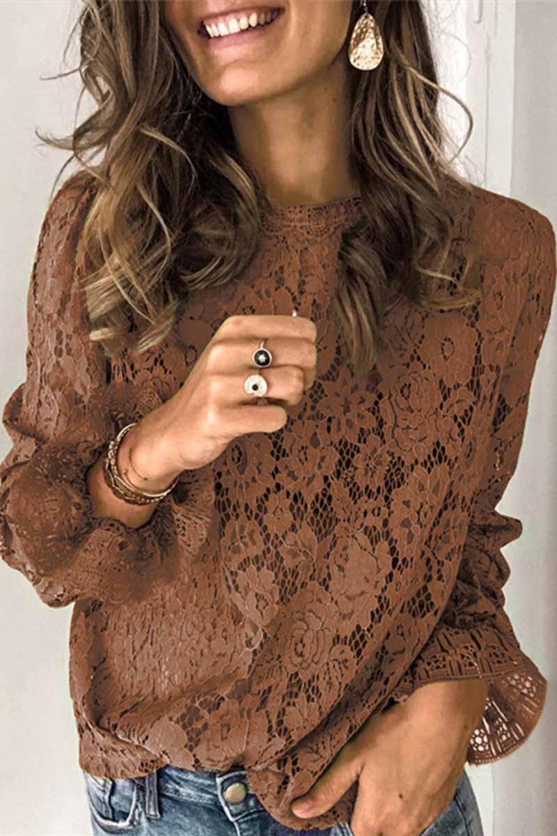 Florcoo Long Sleeve Openwork Lace Blouse(4 Colors)