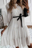 Florcoo Elegant White Black Dot Print Round Neck Tie Midi Dress