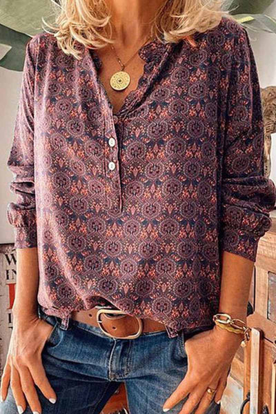Florcoo Vintage V-Neck Button Print Shirt(3 Colors) Florcoo Vintage V-Neck Button Print Shirt(3 Colors)