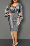Elegant Solid Patchwork See-through Fold V Neck One Step Skirt Dresses