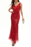 Elegant College Patchwork Sequins V Neck Evening Dress Dresses