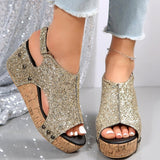 Casual Hollowed Out Sequins Patchwork Fish Mouth Out Door Wedges Shoes(3 Colors)
