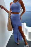 Sexy Vacation Solid Patchwork Slit O Neck Sleeveless Two Pieces