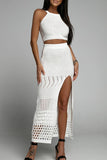 Sexy Vacation Solid Patchwork Slit O Neck Sleeveless Two Pieces(4 Colors)