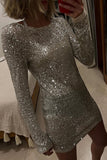Sexy Party Solid Sequins O Neck Wrapped Skirt Dresses