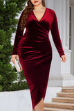 Casual Solid Patchwork V Neck Long Sleeve Plus Size Dresses