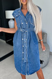 Casual Solid Patchwork With Belt Turndown Collar Sleeveless Regular Denim Dresses