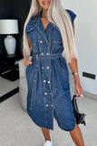 Casual Solid Patchwork With Belt Turndown Collar Sleeveless Regular Denim Dresses