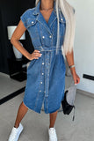 Casual Solid Patchwork With Belt Turndown Collar Sleeveless Regular Denim Dresses