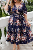 Casual Print Frenulum V Neck A Line Plus Size Dresses