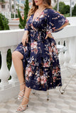 Casual Print Frenulum V Neck A Line Plus Size Dresses