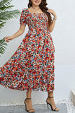 Casual Print Patchwork Square Collar Short Sleeve Dress Plus Size Dresses