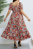 Casual Print Patchwork Square Collar Short Sleeve Dress Plus Size Dresses