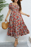 Casual Print Patchwork Square Collar Short Sleeve Dress Plus Size Dresses