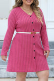 Casual Solid Patchwork V Neck Long Sleeve Plus Size Dresses (Without Belt)