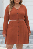 Casual Solid Patchwork V Neck Long Sleeve Plus Size Dresses (Without Belt)