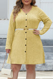 Casual Solid Patchwork V Neck Long Sleeve Plus Size Dresses (Without Belt)