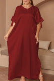 Casual Solid Frenulum Slit O Neck Long Dress Plus Size Dresses