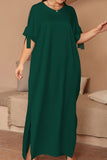 Casual Solid Frenulum Slit O Neck Long Dress Plus Size Dresses