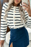 Elegant College Striped Buttons Contrast O Neck Outerwear