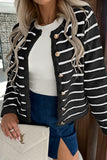 Elegant College Striped Buttons Contrast O Neck Outerwear