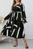 Elegant Geometric Bandage Printing V Neck A Line Plus Size Dresses