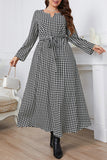 Elegant Plaid With Belt O Neck A Line Plus Size Dresses