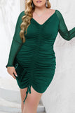 Sexy Solid Draw String Mesh V Neck Wrapped Skirt Plus Size Dresses