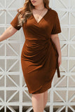 Sexy Vacation Solid Bandage Fold V Neck Short Sleeve Dress Plus Size Dresses