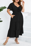 Sweet Elegant Solid Pocket Frenulum V Neck A Line Plus Size Dresses