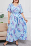 Vintage Elegant Geometric Print Bandage V Neck Printed Dress Plus Size Dresses