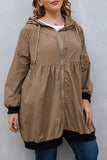 Casual Solid Draw String Zipper Hooded Collar Plus Size Overcoat