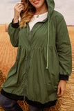 Casual Solid Draw String Zipper Hooded Collar Plus Size Overcoat