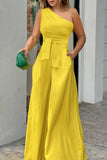 Casual Simplicity Solid Pocket Frenulum Asymmetrical Oblique Collar Loose Jumpsuits