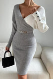 Casual Patchwork Contrast V Neck Long Sleeve Dresses