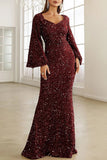 Elegant Formal Solid Sequins V Neck Evening Dress Dresses