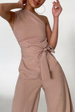 Elegant Solid Frenulum Oblique Collar Straight Jumpsuits(No Belt)